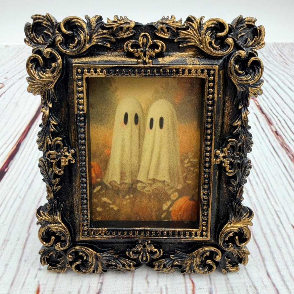 Handmade Ghost Decoupage Print Ornate Gold Black Resin Frame Halloween Decor